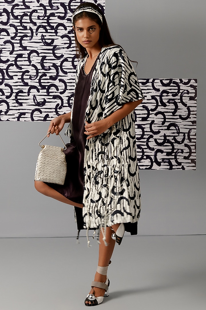 Black Mashru Satin Printed Cape Style Jacket by Devina Juneja at Pernia's Pop Up Shop