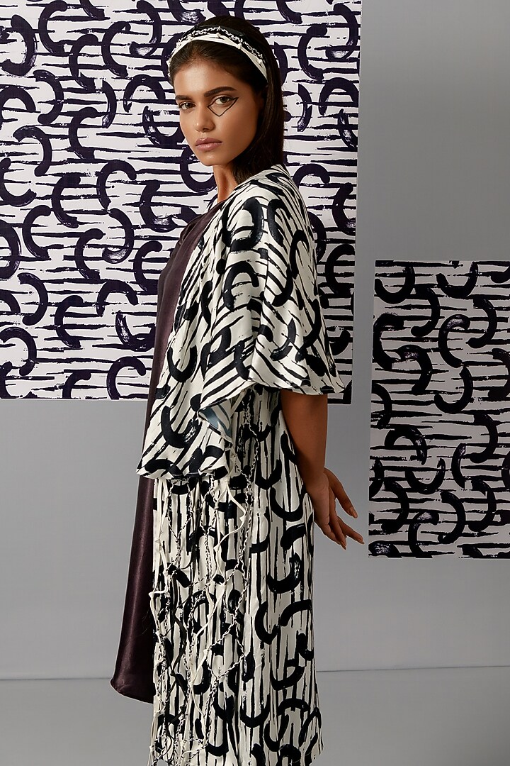Black Mashru Satin Printed Cape Style Jacket by Devina Juneja at Pernia's Pop Up Shop