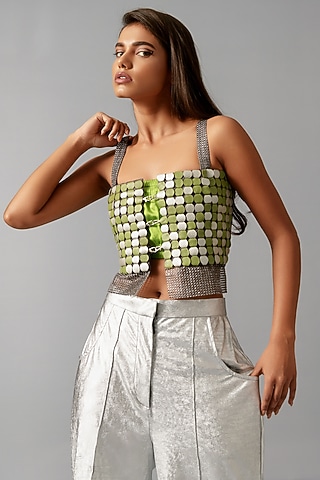 Green Cotton Satin Vest by Devina Juneja