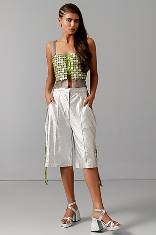 White Korean Lycra Bermuda Shorts by Devina Juneja