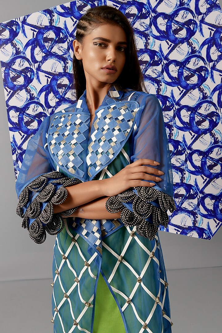 Blue Tulle Knot Kimono Jacket by Devina Juneja at Pernia's Pop Up Shop