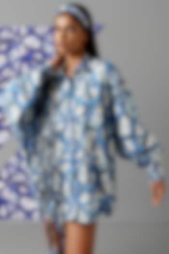 Blue Pure Cotton Printed Oversized Shirt by Devina Juneja
