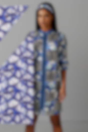 Blue Satin Printed Sequins Dress by Devina Juneja