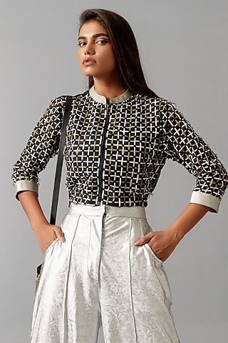 Black Crepe Woven Bomber Jacket by Devina Juneja