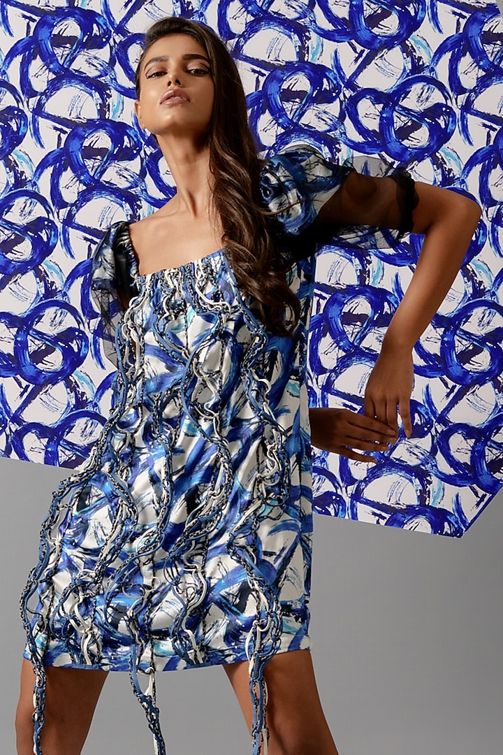 Blue Satin Printed Mini Dress by Devina Juneja