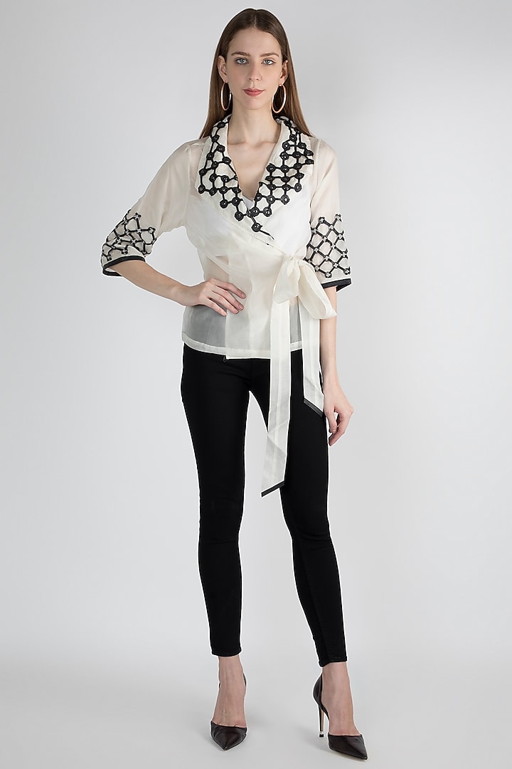 White Appliqued Wrap Top With Slip by Devina Juneja