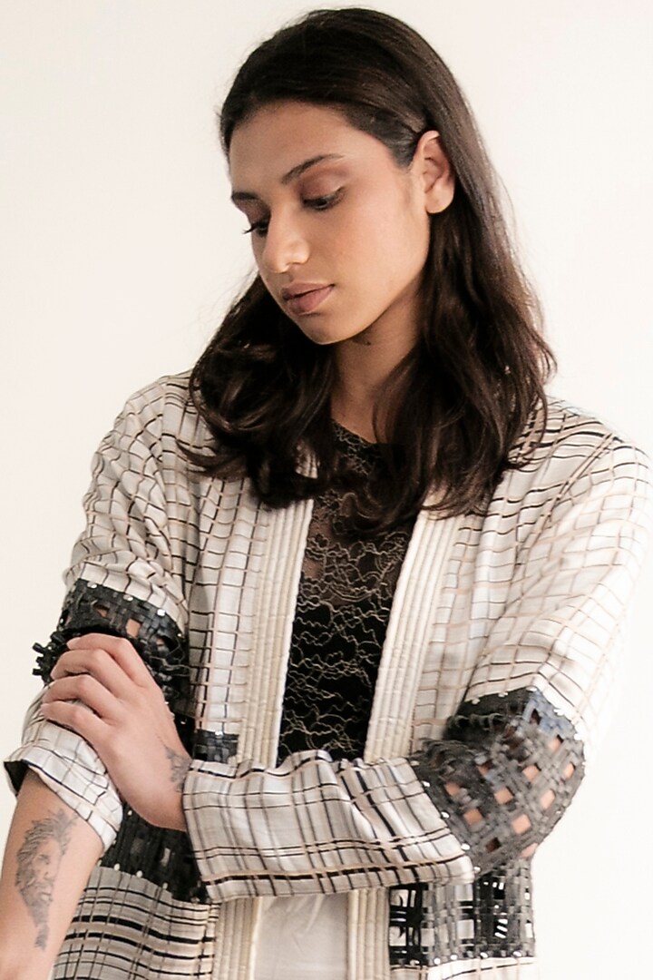 Off White Long Checkered Jacket by Devina Juneja at Pernia's Pop Up Shop