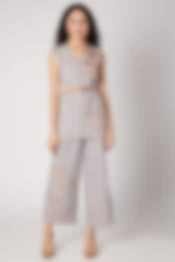 Grey Bird Embellished Pantsuit With Belt by Devina Juneja at Pernia's Pop Up Shop