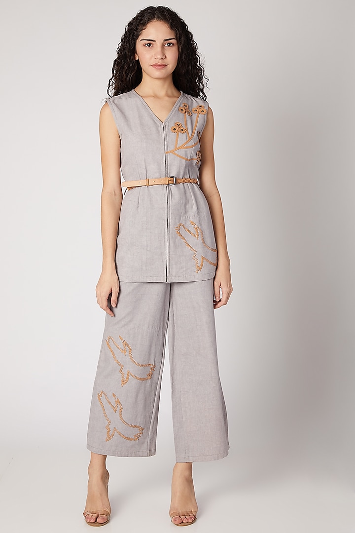 Grey Bird Embellished Pantsuit With Belt by Devina Juneja at Pernia's Pop Up Shop