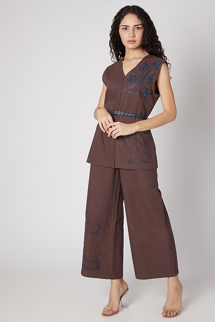 Brown Bird Embellished Pantsuit With Belt by Devina Juneja