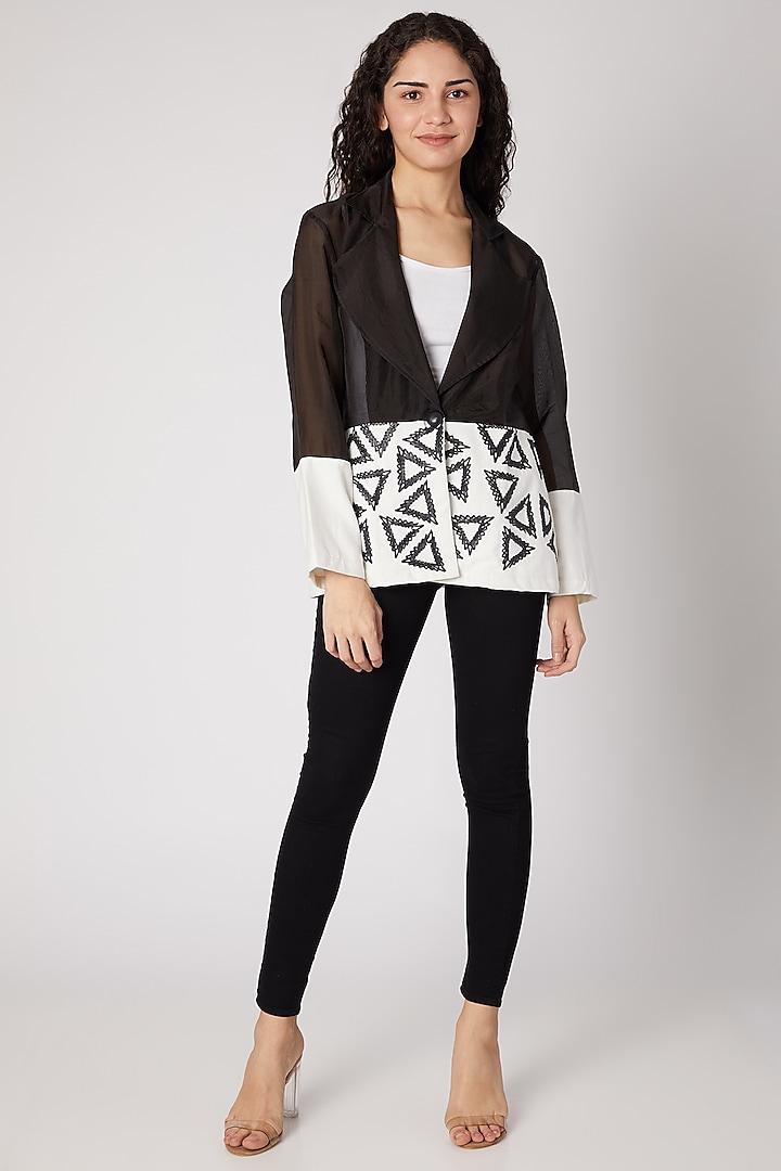 Black & White Blazer With Triangle Detailing by Devina Juneja
