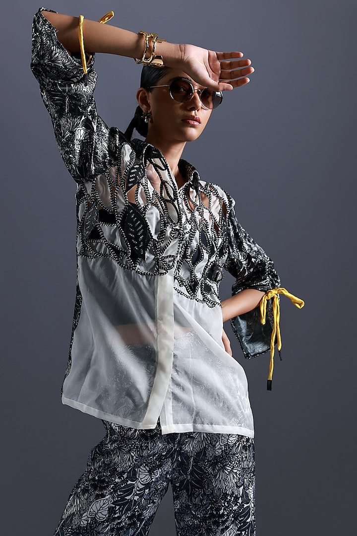 Black & White Organza Printed & Applique Embroidered Shirt by Devina Juneja at Pernia's Pop Up Shop