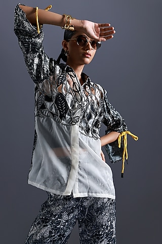 Black & White Organza Printed & Applique Embroidered Shirt by Devina Juneja