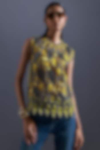 Yellow & Navy Blue Organza Printed & Applique Embroidered Top by Devina Juneja at Pernia's Pop Up Shop