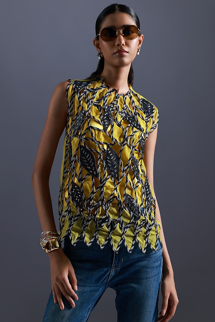 Yellow & Navy Blue Organza Printed & Applique Embroidered Top by Devina Juneja at Pernia's Pop Up Shop