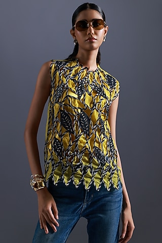 Yellow & Navy Blue Organza Printed & Applique Embroidered Top by Devina Juneja