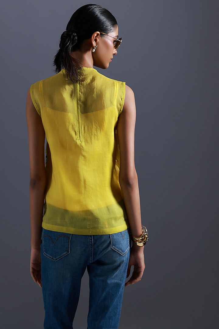 Yellow & Navy Blue Organza Printed & Applique Embroidered Top by Devina Juneja at Pernia's Pop Up Shop