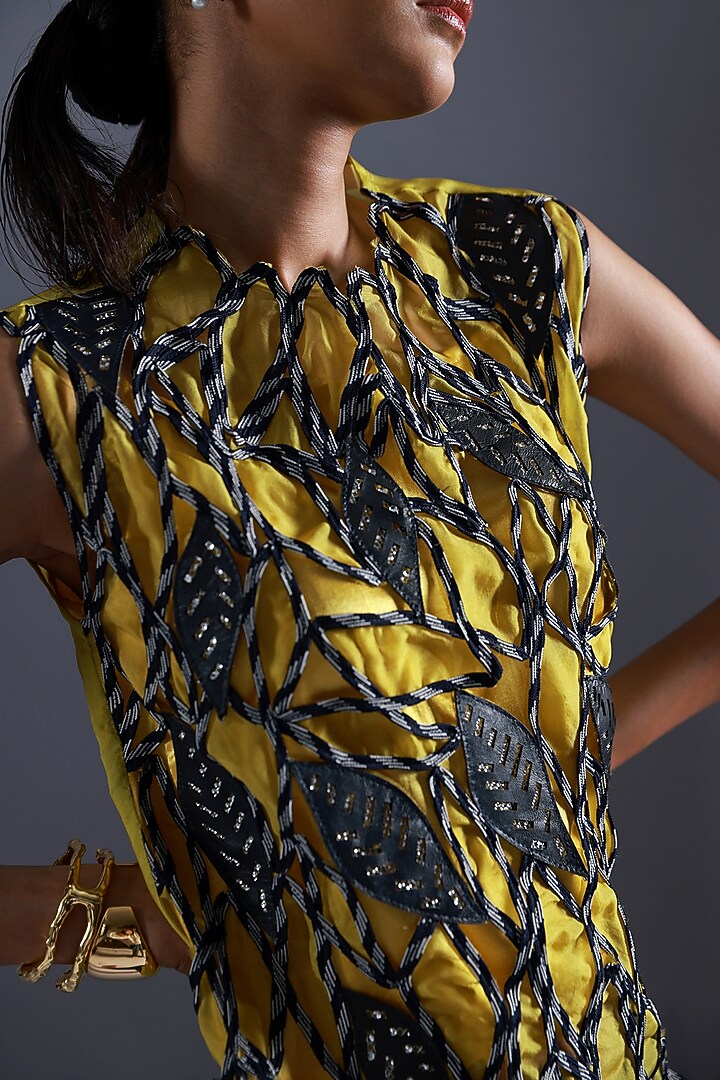 Yellow & Navy Blue Organza Printed & Applique Embroidered Top by Devina Juneja at Pernia's Pop Up Shop