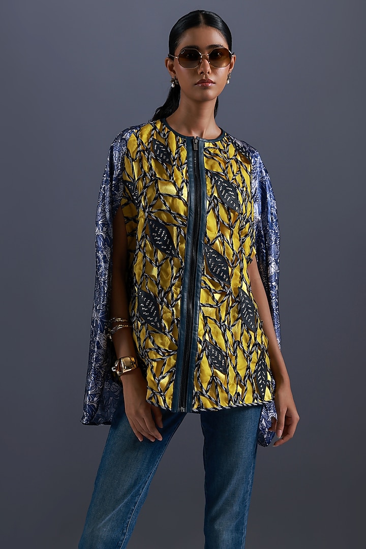 Yellow & Navy Blue Applique Embroidered Cape by Devina Juneja at Pernia's Pop Up Shop