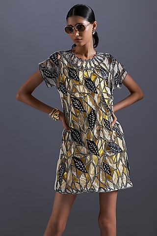 Black & White Blue Applique Embroidered Dress by Devina Juneja