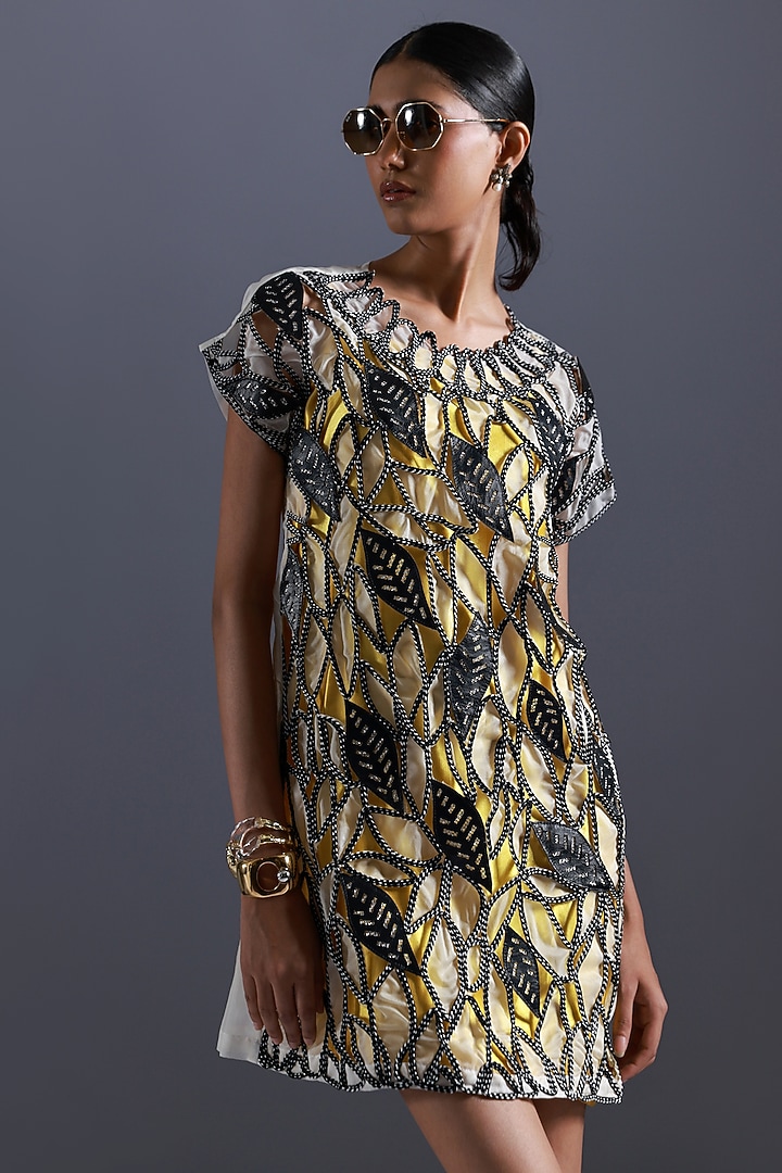 Black & White Blue Applique Embroidered Vacation Dress by Devina Juneja at Pernia's Pop Up Shop