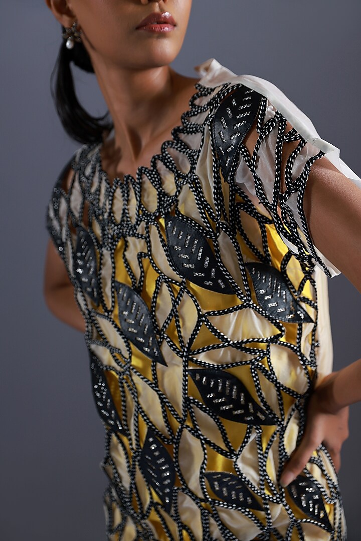 Black & White Blue Applique Embroidered Vacation Dress by Devina Juneja at Pernia's Pop Up Shop