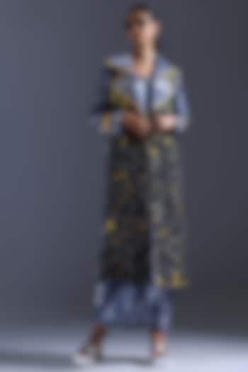 Navy Blue & Yellow Crepe Leaf Embroidered Jacket by Devina Juneja at Pernia's Pop Up Shop