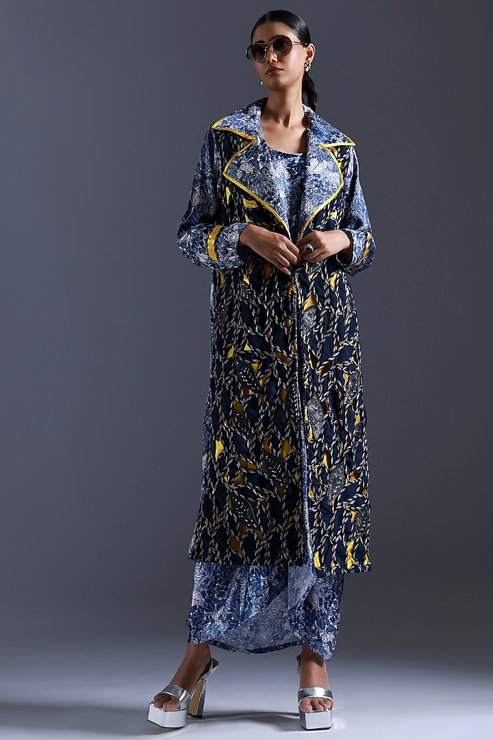 Navy Blue & Yellow Crepe Leaf Embroidered Jacket by Devina Juneja at Pernia's Pop Up Shop