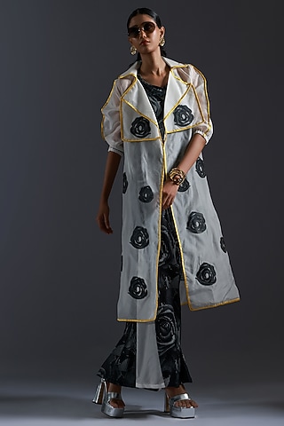 Black & White Organza Rose Applique Embroidered Trench Jacket by Devina Juneja