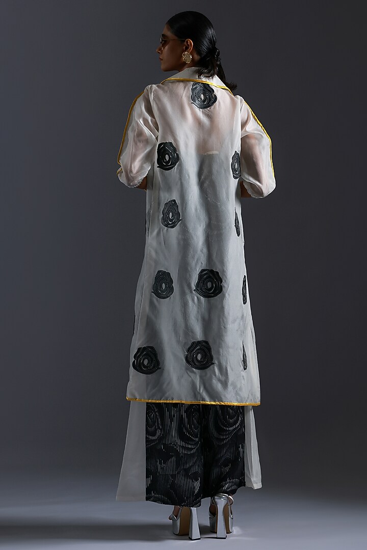 Black & White Organza Rose Applique Embroidered Trench Jacket by Devina Juneja at Pernia's Pop Up Shop