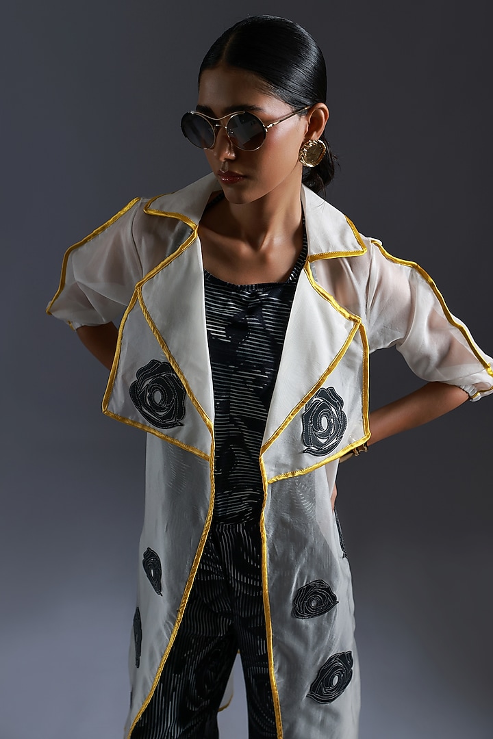 Black & White Organza Rose Applique Embroidered Trench Jacket by Devina Juneja at Pernia's Pop Up Shop