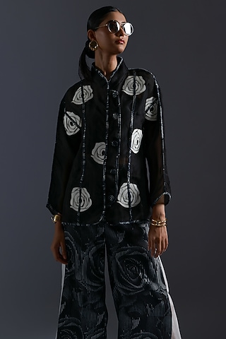 Black & White Organza Rose Applique Embroidered Shirt by Devina Juneja