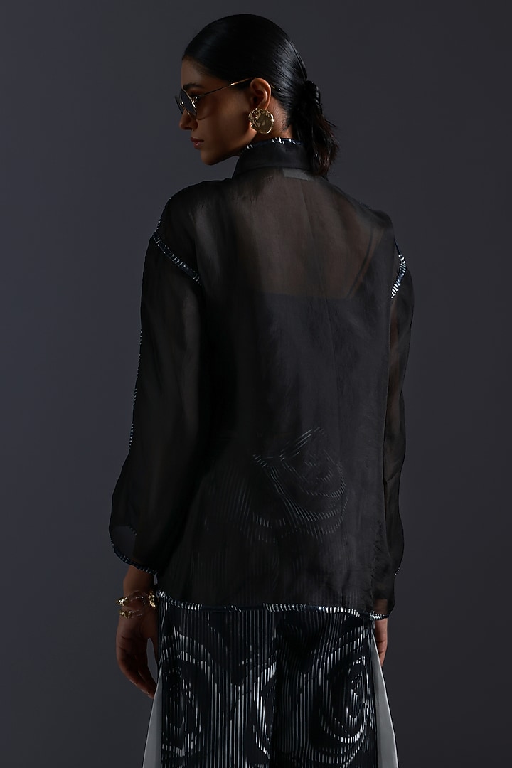 Black & White Organza Rose Applique Embroidered Shirt by Devina Juneja at Pernia's Pop Up Shop