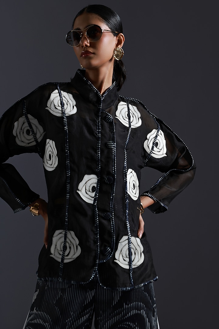 Black & White Organza Rose Applique Embroidered Shirt by Devina Juneja at Pernia's Pop Up Shop