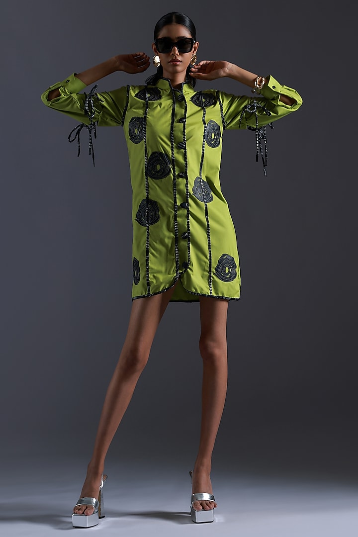 Lime Green Pure Cotton Printed & Rose Applique Embroidered Dress by Devina Juneja at Pernia's Pop Up Shop