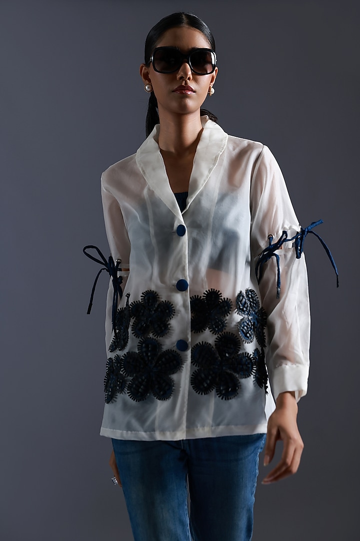 White & Black Organza Floral Applique Embroidered Blazer With Top by Devina Juneja at Pernia's Pop Up Shop