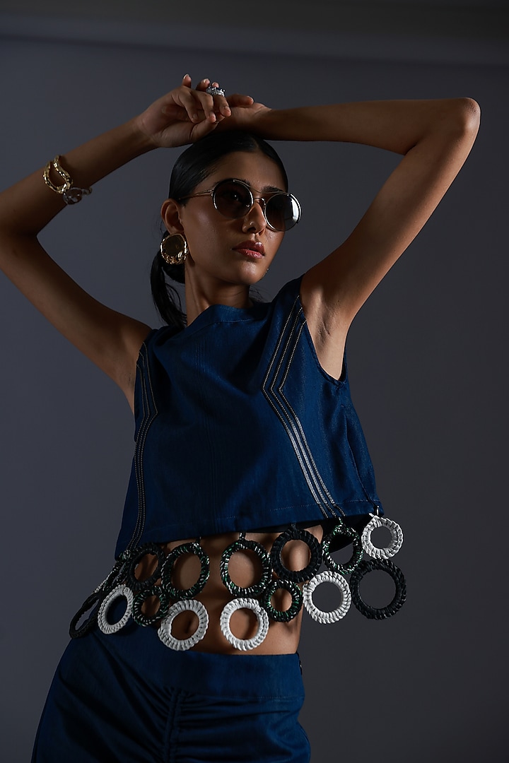 Blue Denim Leather Weave Embroidered Top by Devina Juneja at Pernia's Pop Up Shop