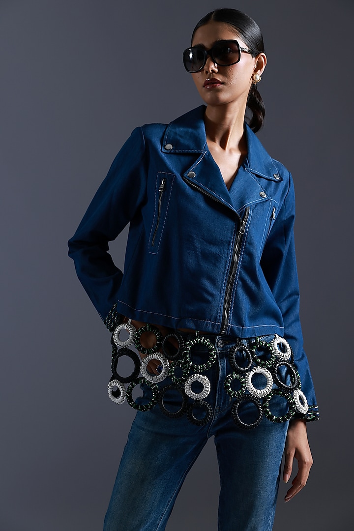 Blue Denim Leather Weave Embroidered Jacket by Devina Juneja at Pernia's Pop Up Shop