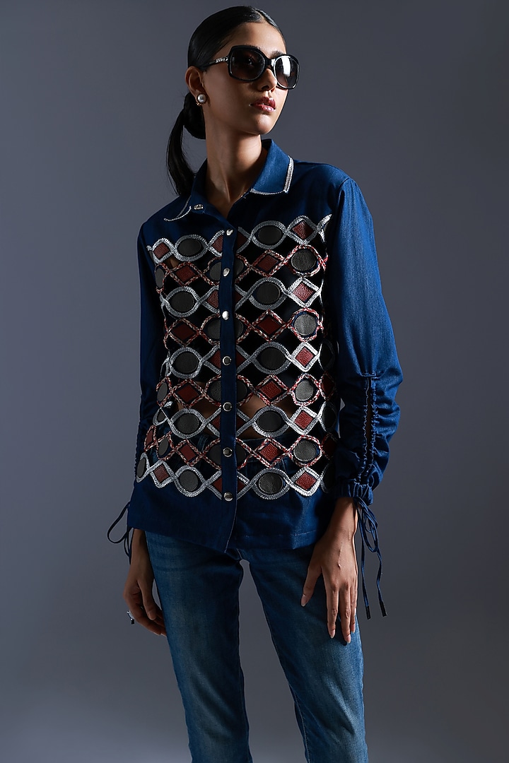 Blue Denim Leather Cutwork Applique Embroidered Shirt by Devina Juneja at Pernia's Pop Up Shop