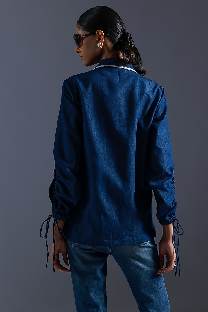 Blue Denim Leather Cutwork Applique Embroidered Shirt by Devina Juneja at Pernia's Pop Up Shop