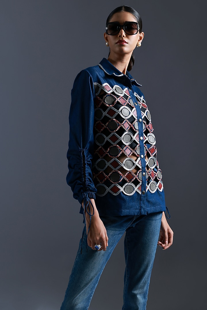 Blue Denim Leather Cutwork Applique Embroidered Shirt by Devina Juneja at Pernia's Pop Up Shop
