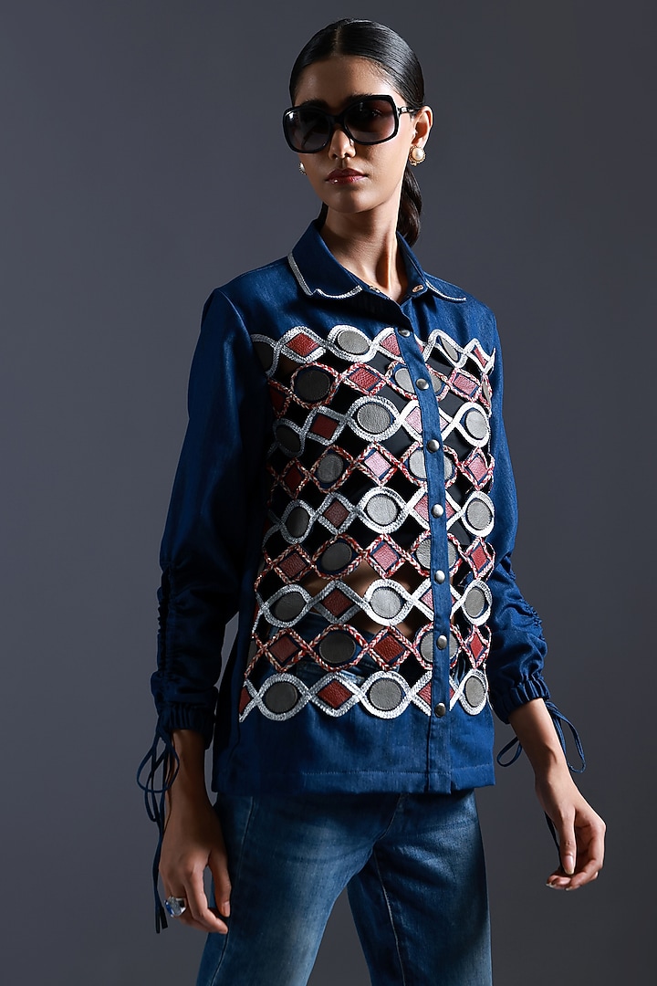 Blue Denim Leather Cutwork Applique Embroidered Shirt by Devina Juneja at Pernia's Pop Up Shop