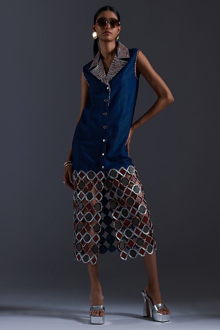 Blue Denim Leather Cutwork Applique Embroidered Dress by Devina Juneja at Pernia's Pop Up Shop