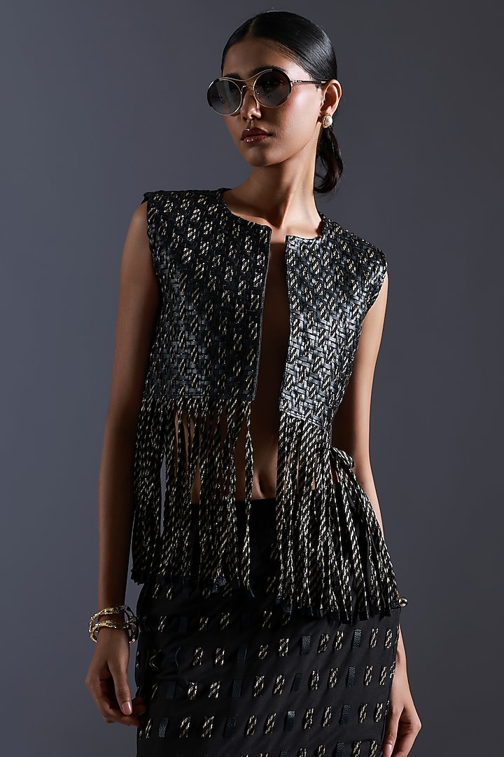 Black & Gold Scrap Leather Fringed Jacket by Devina Juneja at Pernia's Pop Up Shop