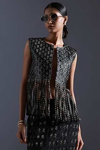 Black & Gold Scrap Leather Fringed Jacket by Devina Juneja