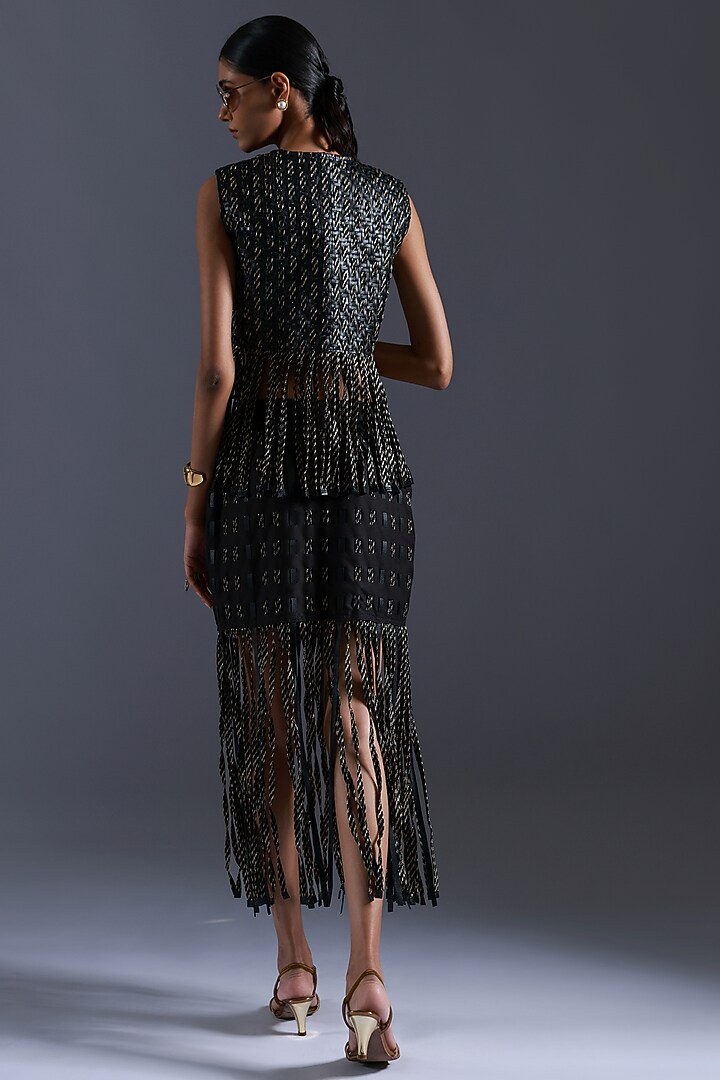 Black & Gold Scrap Leather Fringed Jacket by Devina Juneja at Pernia's Pop Up Shop