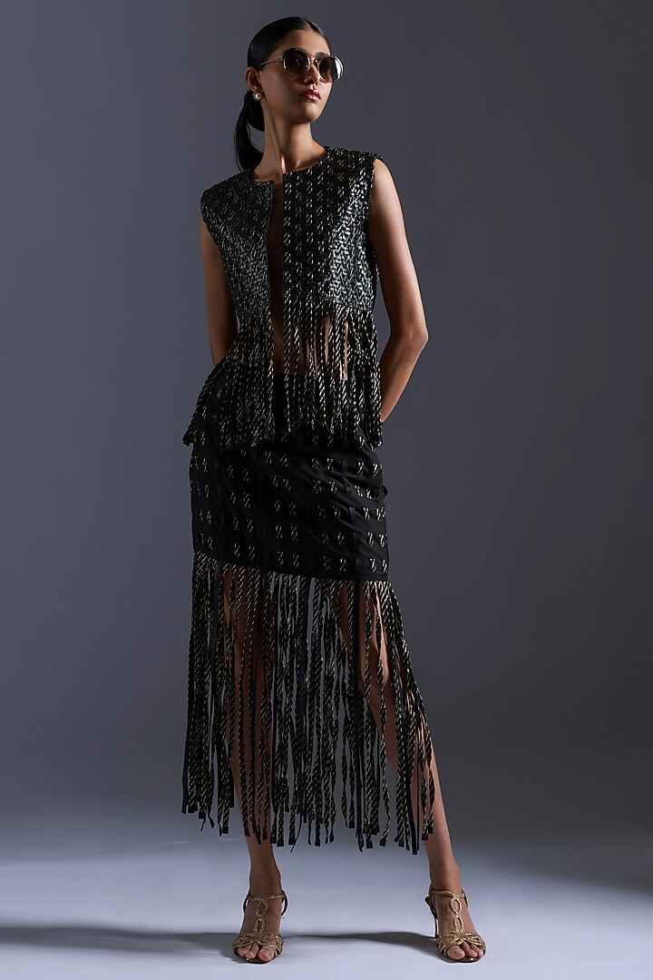 Black & Gold Scrap Leather Fringed Jacket by Devina Juneja at Pernia's Pop Up Shop