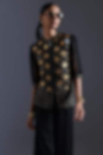 Black & Gold Tulle Cutwork Applique Embroidered Top by Devina Juneja at Pernia's Pop Up Shop