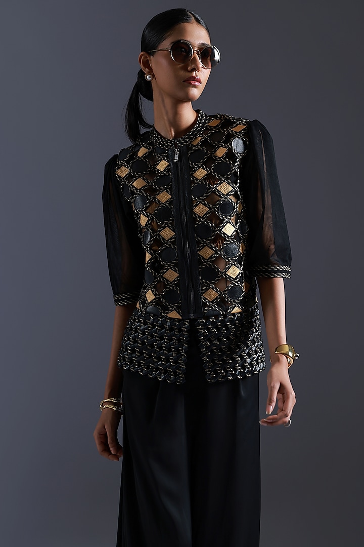 Black & Gold Tulle Cutwork Applique Embroidered Top by Devina Juneja at Pernia's Pop Up Shop