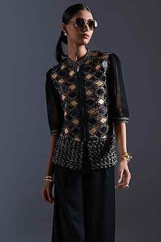Black & Gold Tulle Cutwork Applique Embroidered Top by Devina Juneja